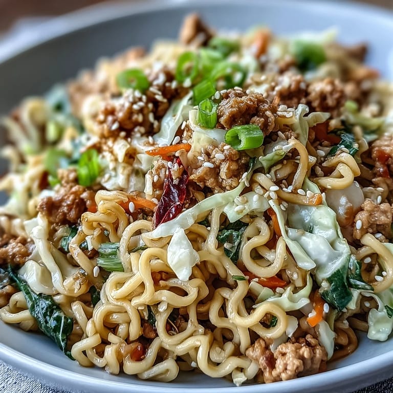 Glossy soy-sesame sauce coats ramen noodles in this Creamy Potsticker Noodle Stir-Fry, garnished with scallions and toasted sesame seeds for extra crunch.