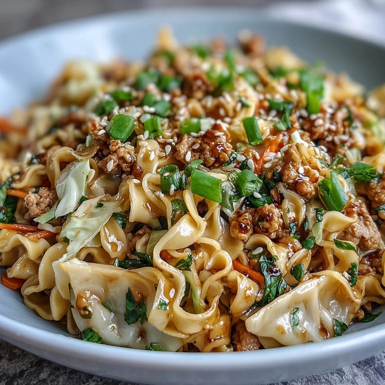 Family-style platter of Creamy Potsticker Noodle Stir-Fry with tender turkey, cabbage, carrots, and noodles, a quick weeknight dinner ready with chopsticks and napkins nearby.