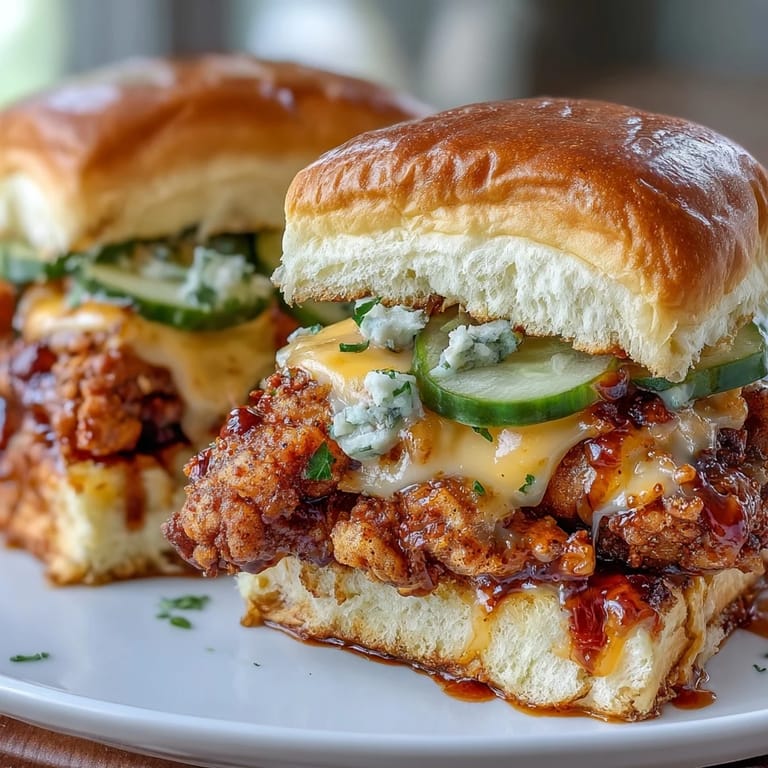 Freshly baked sliders with crispy spicy chicken, melted pepper jack cheese, and dill pickles, ready to serve on a wooden board for game day.