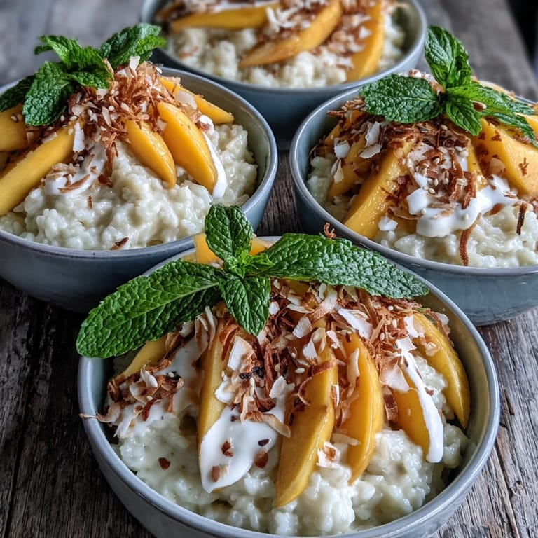 This Vegan Mango Sticky Rice Breakfast Bowls with Coconut Cream features a creamy coconut drizzle, sweet mango, and toasted sesame seeds on a white bowl.