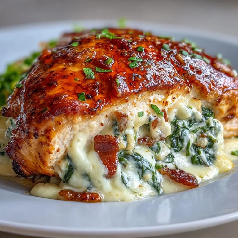 A close-up of Keto Spinach and Bacon Stuffed Chicken Breasts with Garlic Butter drizzled with melted garlic butter.