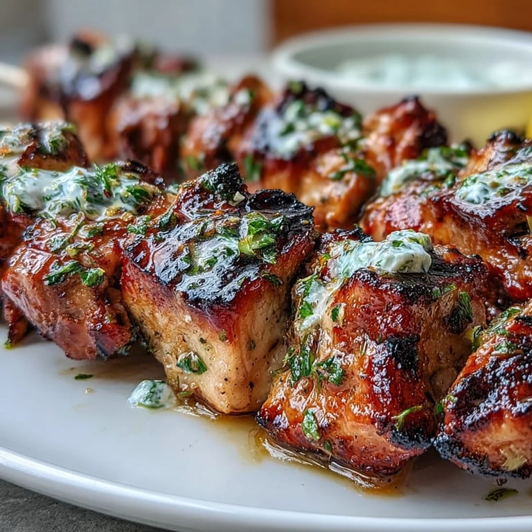 Tender chicken cubes marinated in zesty lemon and fragrant herbs, charred on skewers and paired with cool, garlicky tzatziki for a healthy summer dinner.  