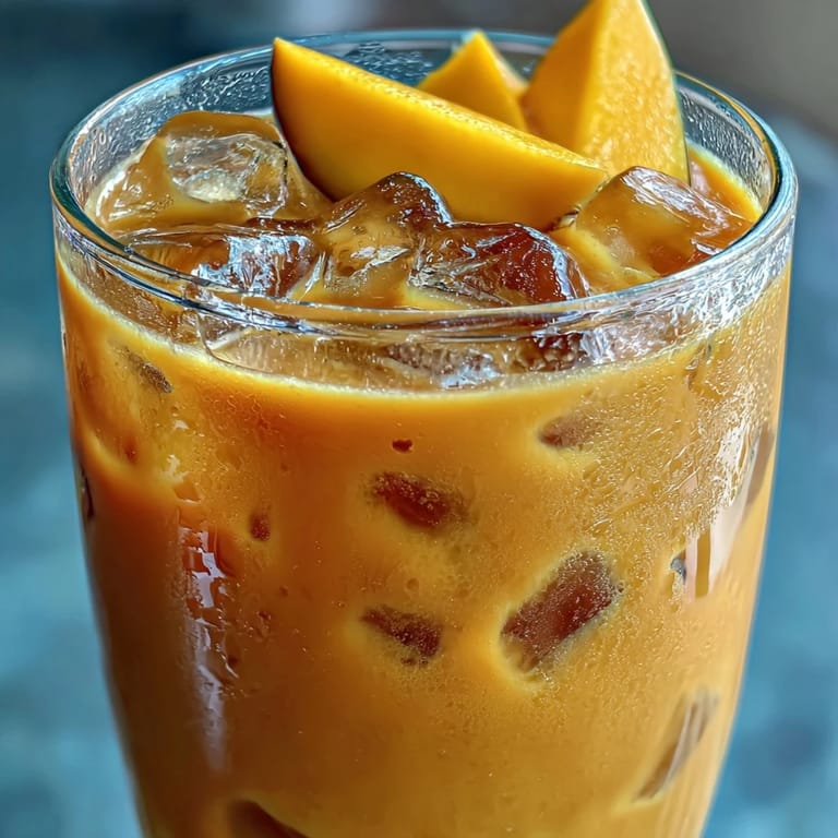 Tropical mango iced tea made with fresh mango puree, black tea, and honey, perfect for summer refreshment.