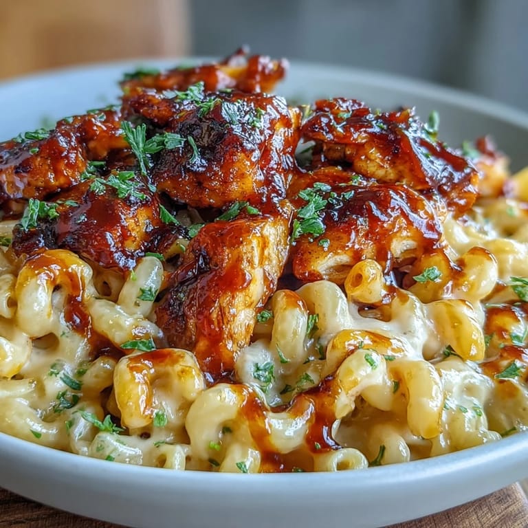 A close-up shot of the finished honey BBQ chicken pasta, highlighting the glossy, sticky sauce and melted cheddar cheese.