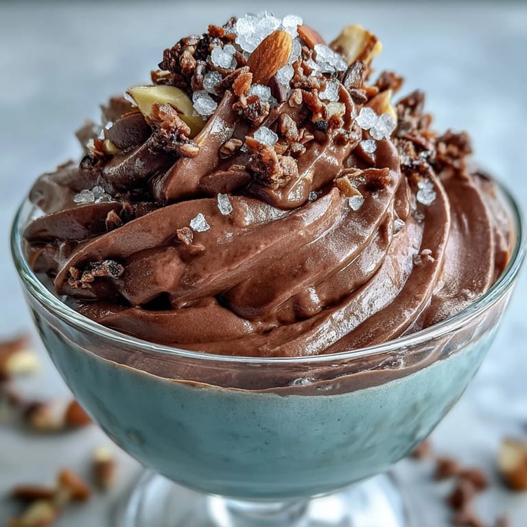 Rich and creamy dairy-free chocolate mousse made with ripe avocados, served chilled in elegant cups with salty-sweet crunch.