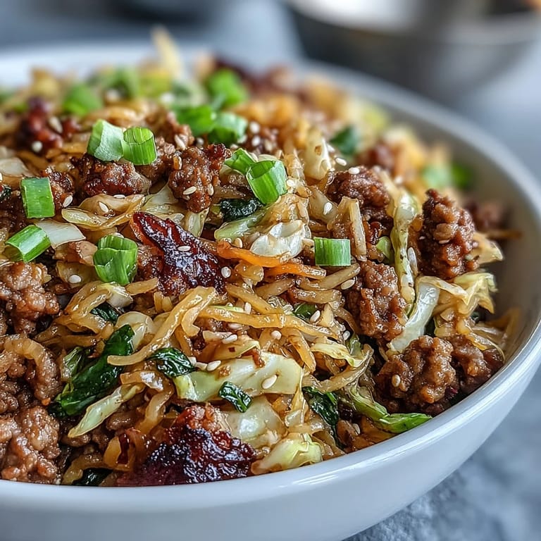 A colorful, hearty bowl of Keto Egg Roll in a Bowl featuring tender ground turkey, crunchy cabbage slaw, and a fragrant sesame oil drizzle for a satisfying meal.