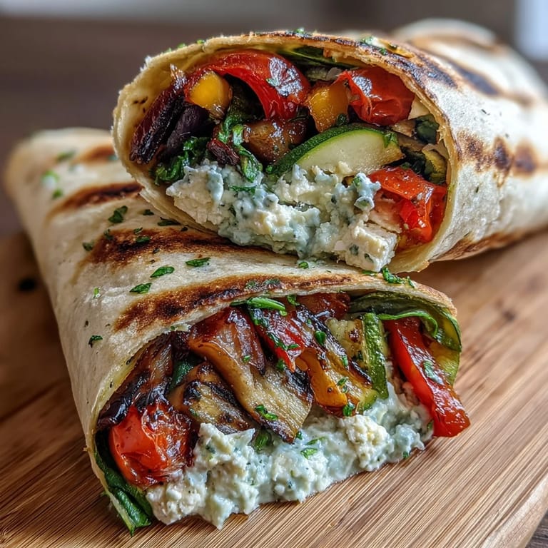 Smoky grilled zucchini, bell peppers, and eggplant layered with tangy feta and hummus, rolled into hearty whole wheat wraps.