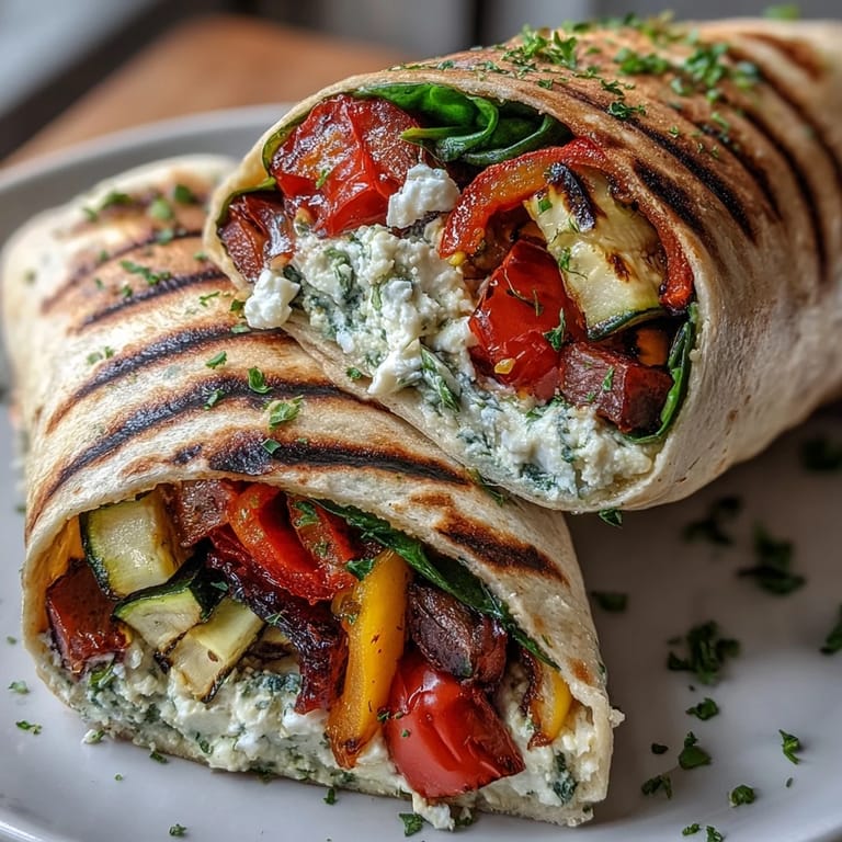 Fresh baby spinach and juicy cherry tomatoes complement grilled veggies and feta in these vibrant Mediterranean hummus wraps.