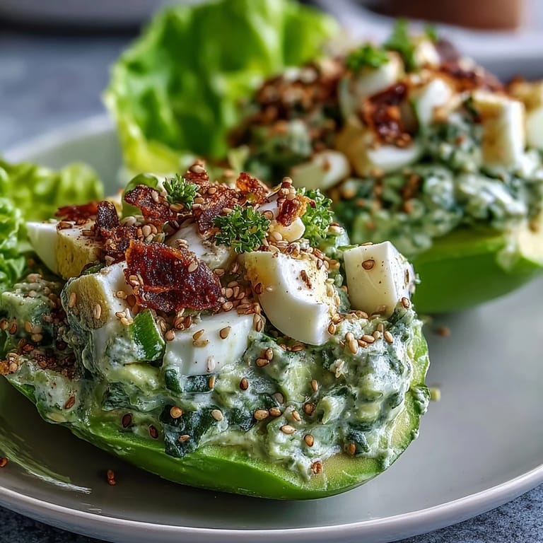 Creamy avocado egg salad with everything bagel seasoning served in crisp lettuce boats, perfect for keto meal prep.  