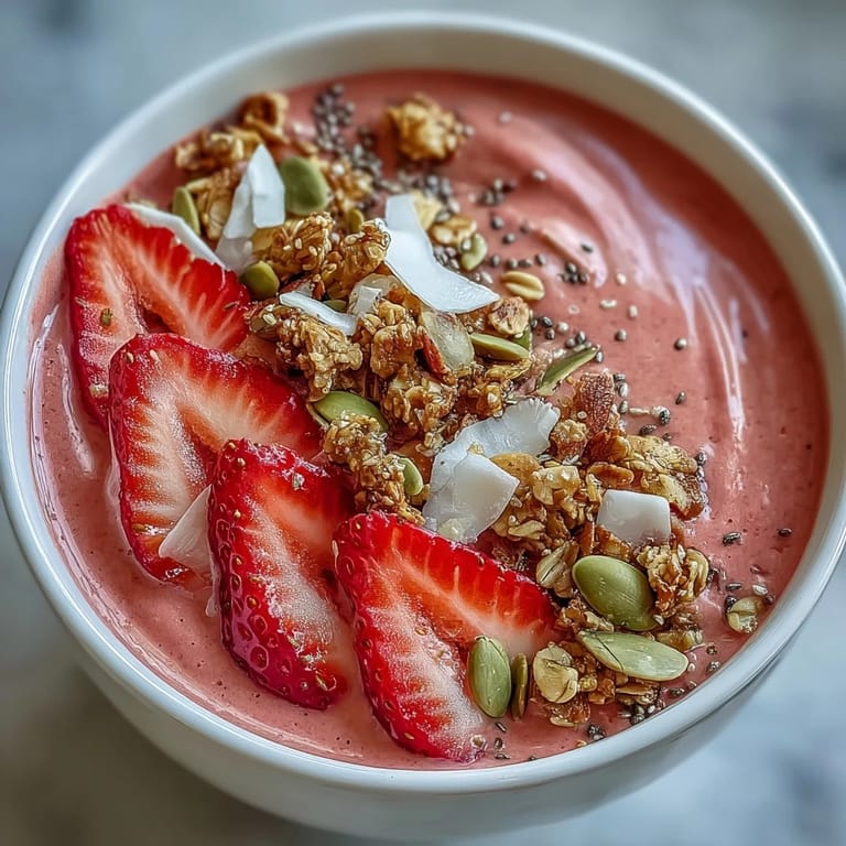 Thick and frosty strawberry smoothie bowl blended with cauliflower, protein powder, and banana, garnished with fresh fruit and granola.