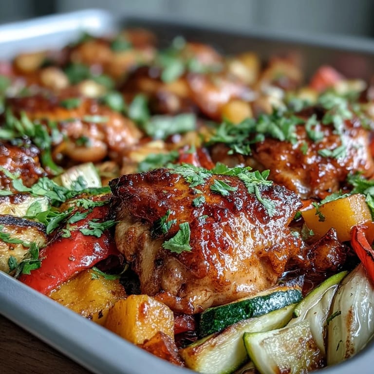 Healthy One-Pan Mango Chili Chicken Bake featuring smoky spices, vibrant veggies, and tropical mango for a flavorful dinner.