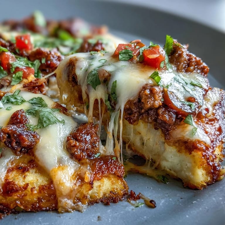 2. Low-carb cauliflower crust base topped with savory taco meat, black olives, and fresh diced tomatoes.  