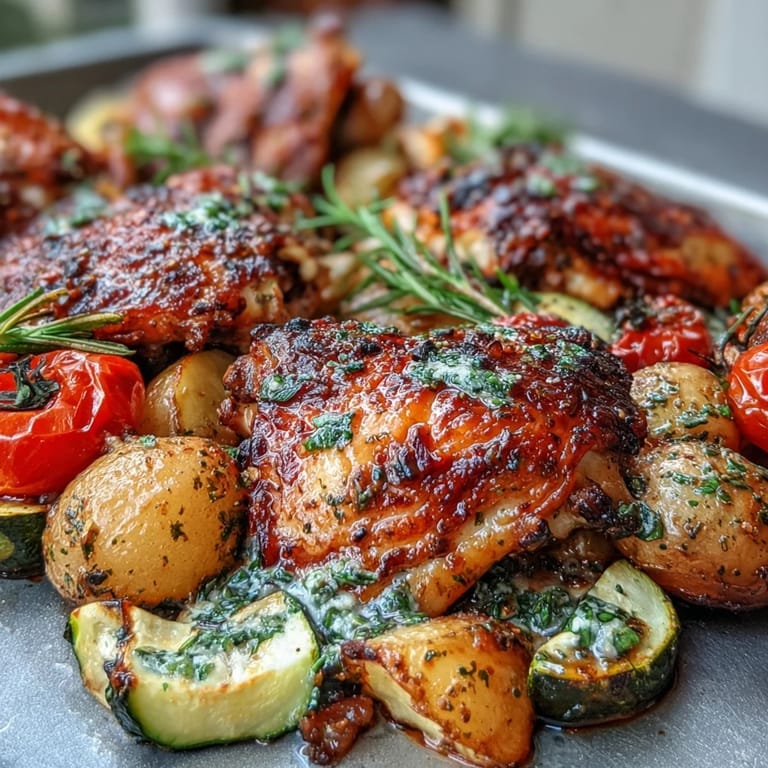 Juicy chicken thighs and tender zucchini bake alongside golden potatoes, all infused with lemon, rosemary, and Mediterranean spices.