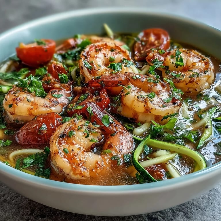 Tender shrimp and spiralized zucchini in zesty broth make a low-carb 15-minute meal.