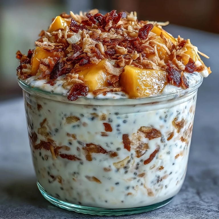 Creamy coconut milk overnight oats layered with juicy mango and crunchy toasted coconut, perfect for a refreshing morning treat.