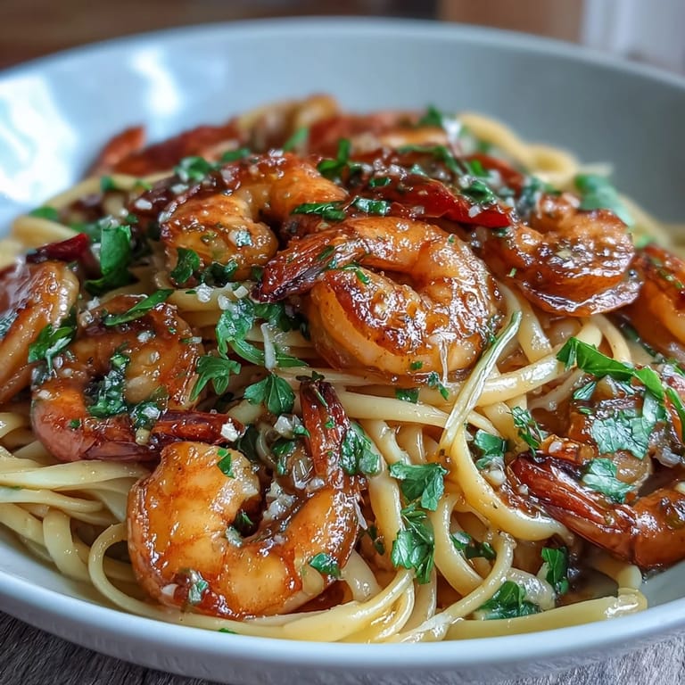 Al dente linguine coated in a fiery garlic-chili shrimp sauce, garnished with parsley and lemon zest for a zesty seafood meal.