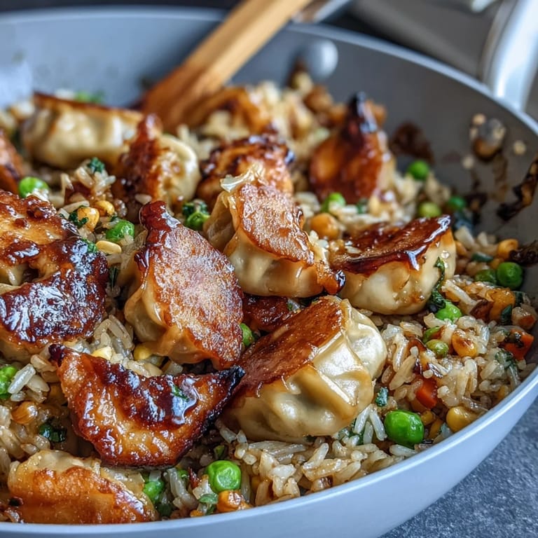 Crispy, golden fried rice mixed with tender dumplings, vibrant peas, carrots, and green onions in a hot skillet.  