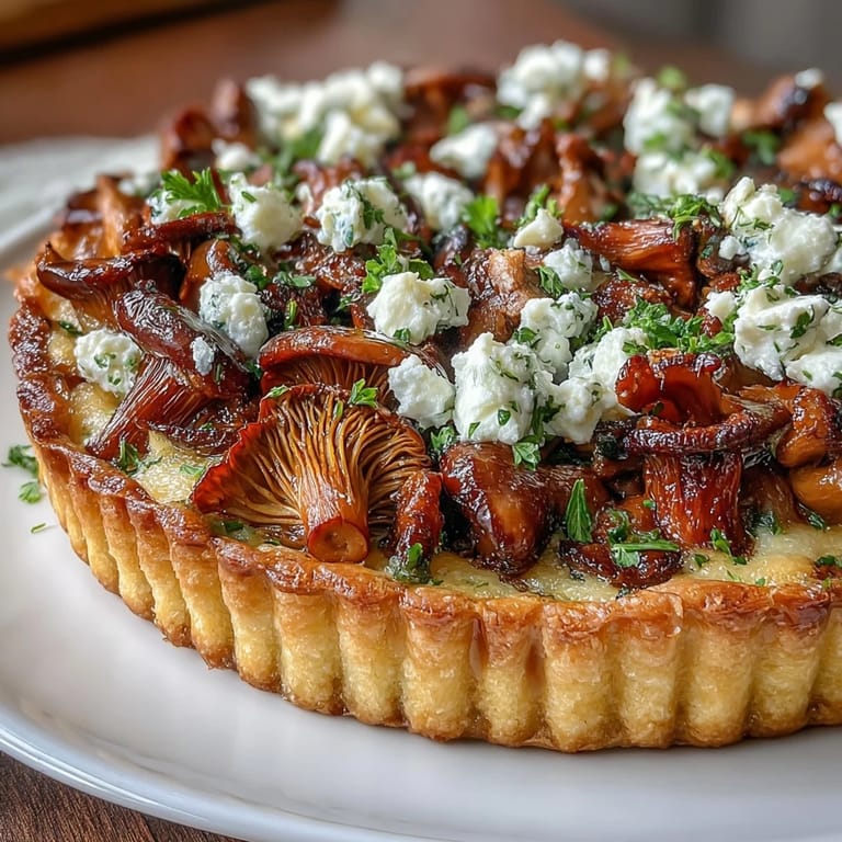 Wild mushrooms and creamy goat cheese atop a flaky pastry crust, garnished with fresh parsley for a sophisticated brunch dish.  