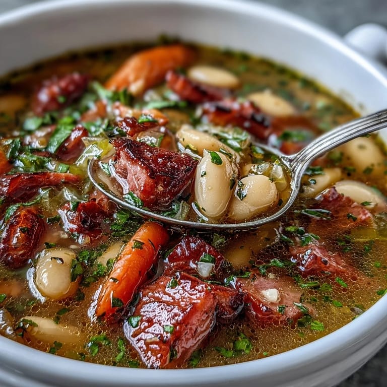 Hearty slow cooker ham and bean soup with carrots, celery, and cannellini beans in a rich broth.