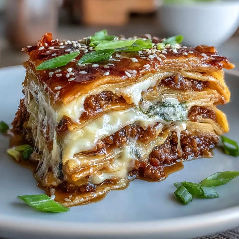 Golden Asian Dumpling Lasagna baked to perfection, featuring tender dumpling wrappers, rich cheese, and a zesty soy ginger sauce for bold flavor.