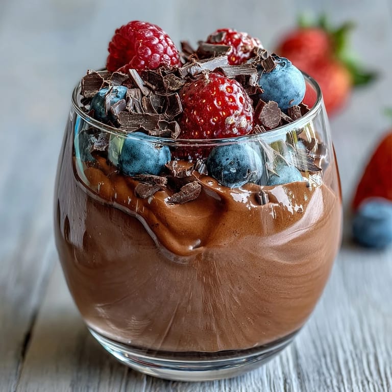 Velvety cottage cheese chocolate mousse swirled with rich cocoa and garnished with juicy strawberries, blueberries, and raspberries.  