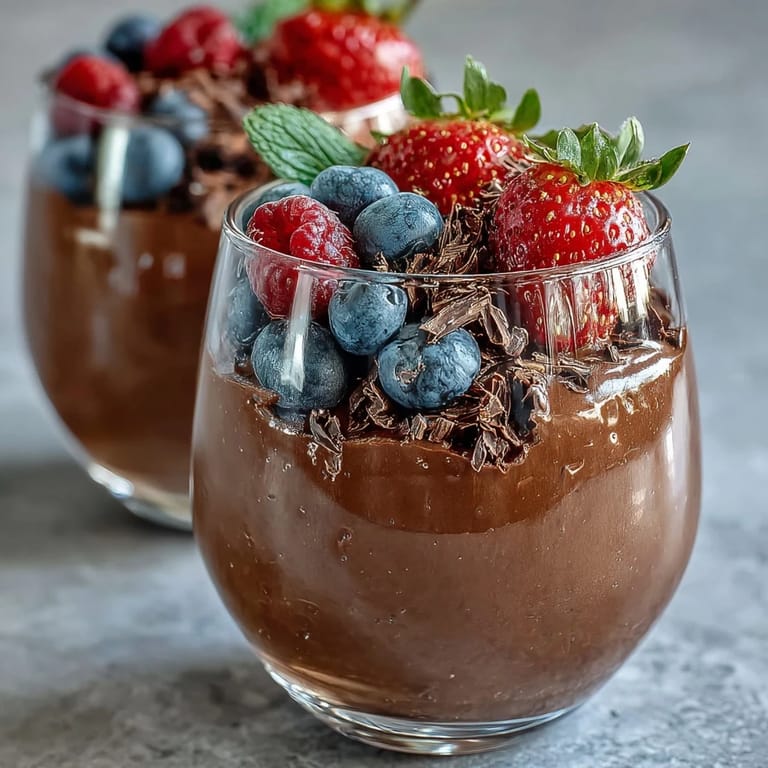 Silky smooth cottage cheese chocolate mousse with a medley of fresh berries and a sprinkle of dark chocolate shavings.
