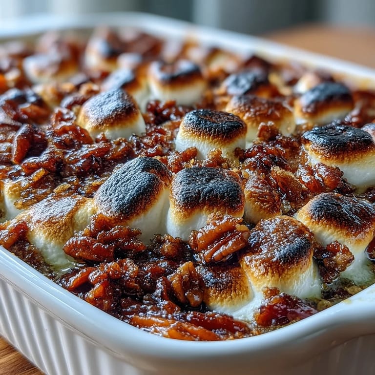 Sweet potatoes glazed with brown sugar, cinnamon, and butter, topped with melty marshmallows and toasted pecan streusel for a comforting side dish.