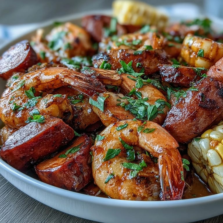 Festive one-pot Cajun shrimp and sausage boil with corn on the cob, red potatoes, and onions, perfect for sharing at gatherings or family dinners.