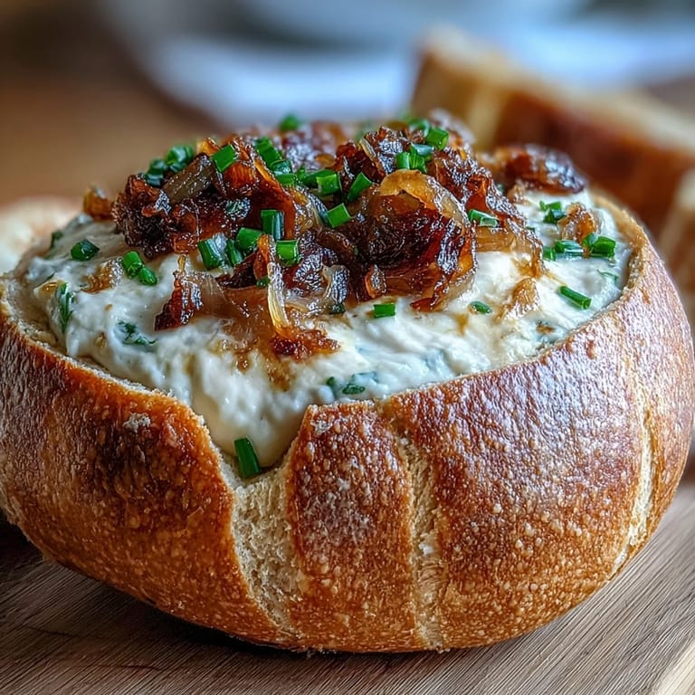 A hollowed sourdough loaf overflowing with savory onion dip, baked until bubbly and served with crispy bread cubes for dipping.