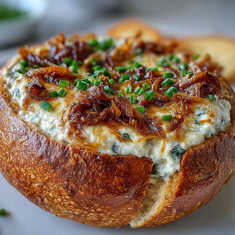 Golden-brown sourdough bread bowl filled with rich onion dip, surrounded by toasted bread cubes and fresh vegetable sticks.  