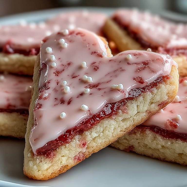 Heart-shaped strawberry sugar cookies with pink royal icing, ideal for a romantic dessert or gift.