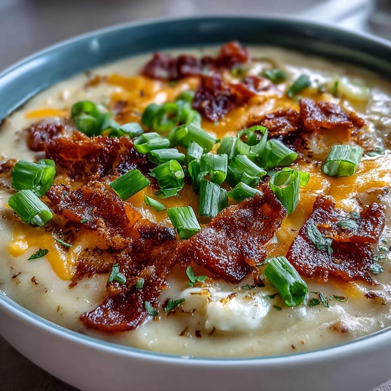 Rich and comforting St. Patrick's Day potato soup with Greek yogurt, vegetables, and melted cheese, garnished with scallions.