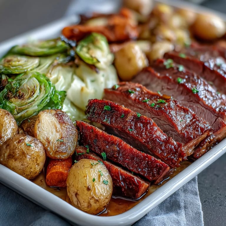 Hearty corned beef and cabbage sheet pan dinner with crispy edges and caramelized vegetables.  