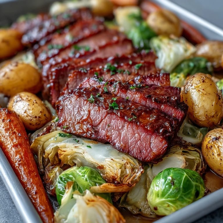 Easy Irish-American corned beef and cabbage roasted together on a sheet pan for a complete meal.
