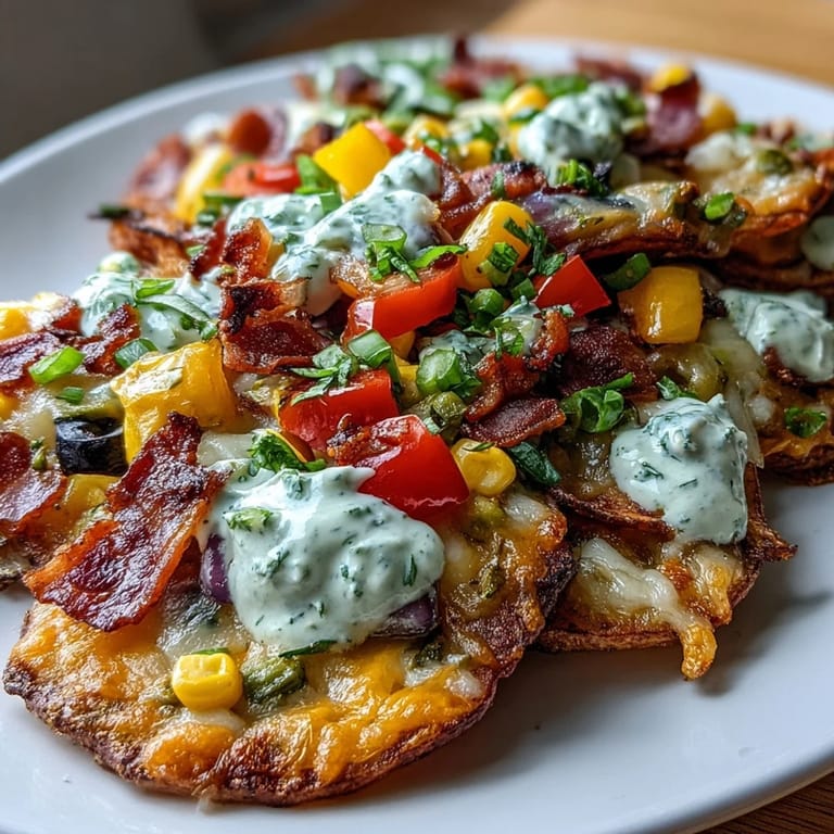 A healthy twist on classic nachos: golden potato slices topped with rainbow vegetables, cheddar cheese, and tangy Greek yogurt ranch dressing.  