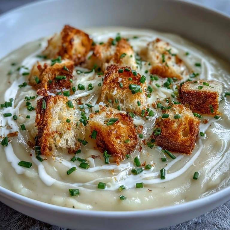 Velvety potato and leek soup topped with golden sourdough croutons, perfect for a cozy meal.  