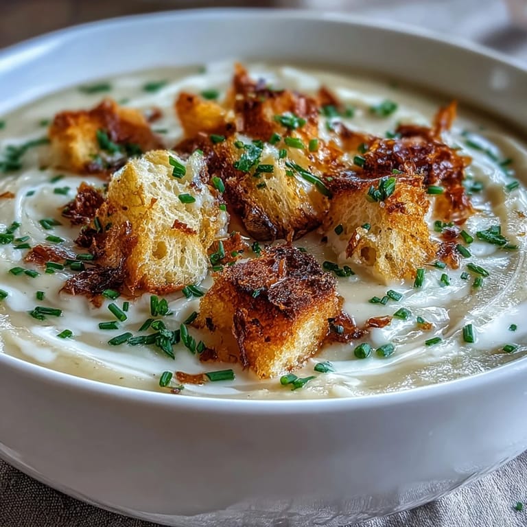 Rich and creamy potato soup with tender leeks, finished with crunchy sourdough croutons for texture.