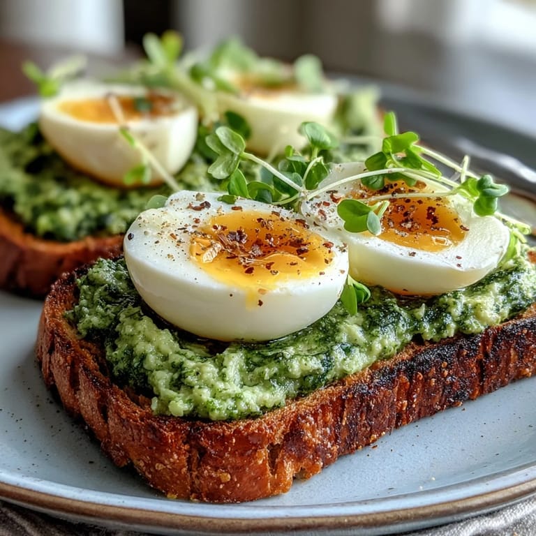 Fresh spinach pesto spread over crisp sourdough toast, crowned with a perfectly soft-boiled egg for a nourishing, colorful meal.