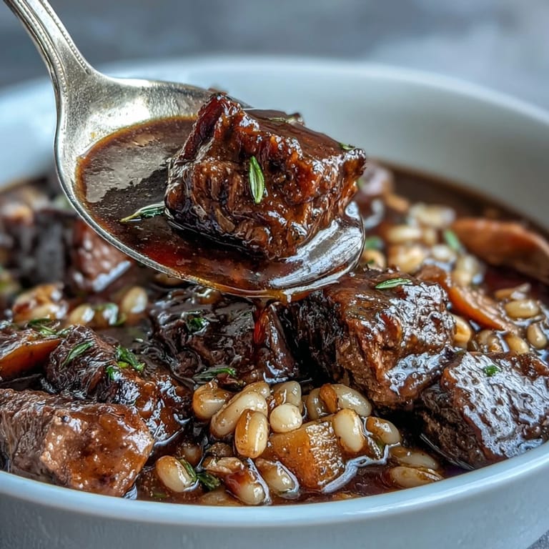 Warm bowl of One-Pot Guinness Beef and Barley Stew filled with chunks of beef, parsnips, carrots, and barley in dark, flavorful gravy.