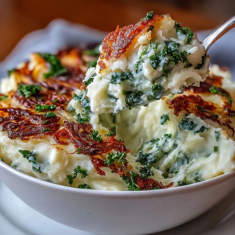 Fluffy, buttery colcannon-style potatoes blended with tender leeks and finished with crunchy roasted kale leaves.