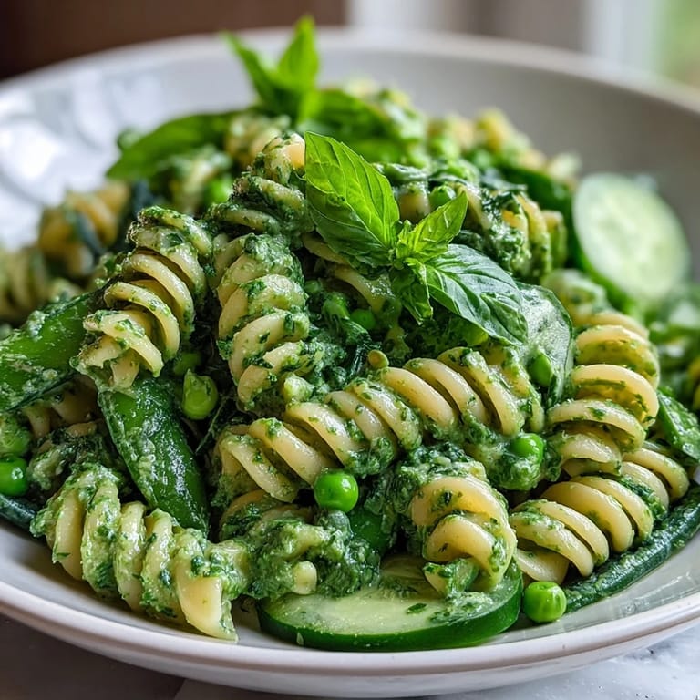 Creamy Spring Green Goddess Pasta Salad with spinach, cucumber, and herbs—a refreshing vegetarian dish for warm days.