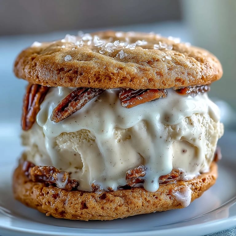 Indulgent vanilla bean ice cream sandwiches with espresso cookies, perfect for a refreshing summer treat.  