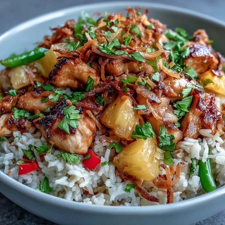 Tropical Coconut Pineapple Chicken Rice Bowls featuring juicy chicken, vibrant vegetables, and fragrant jasmine rice, topped with toasted coconut and green onions.