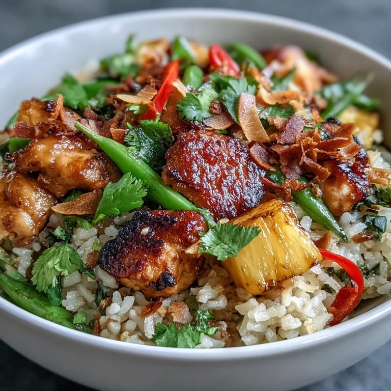 Colorful Coconut Pineapple Chicken Rice Bowls served in a bowl with grilled chicken, fresh pineapple, and crisp snap peas over creamy coconut rice.
