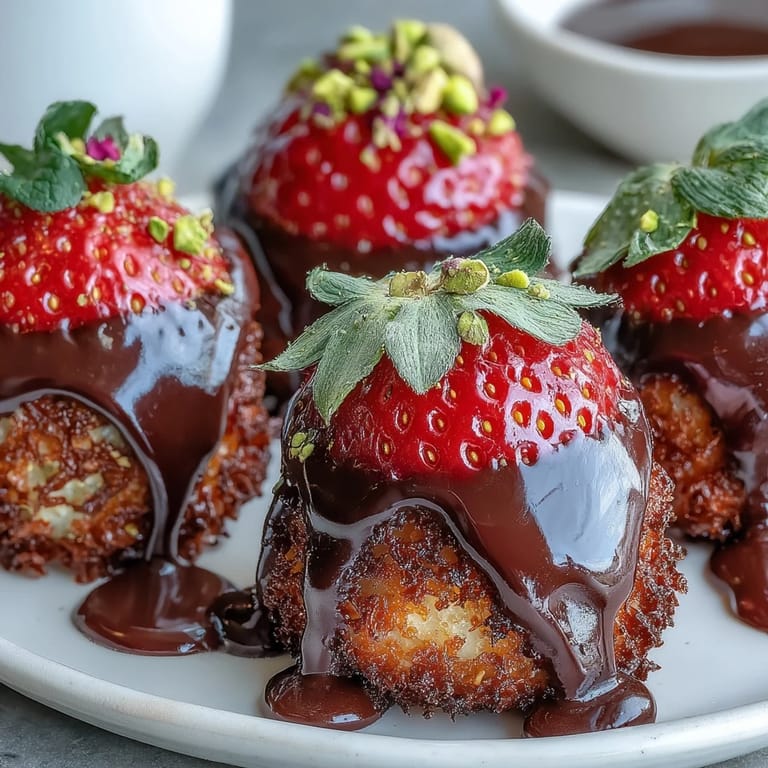 Golden kataifi pastry cups filled with juicy strawberries and velvety dark chocolate ganache, topped with pistachios and rose petals for a stunning dessert.