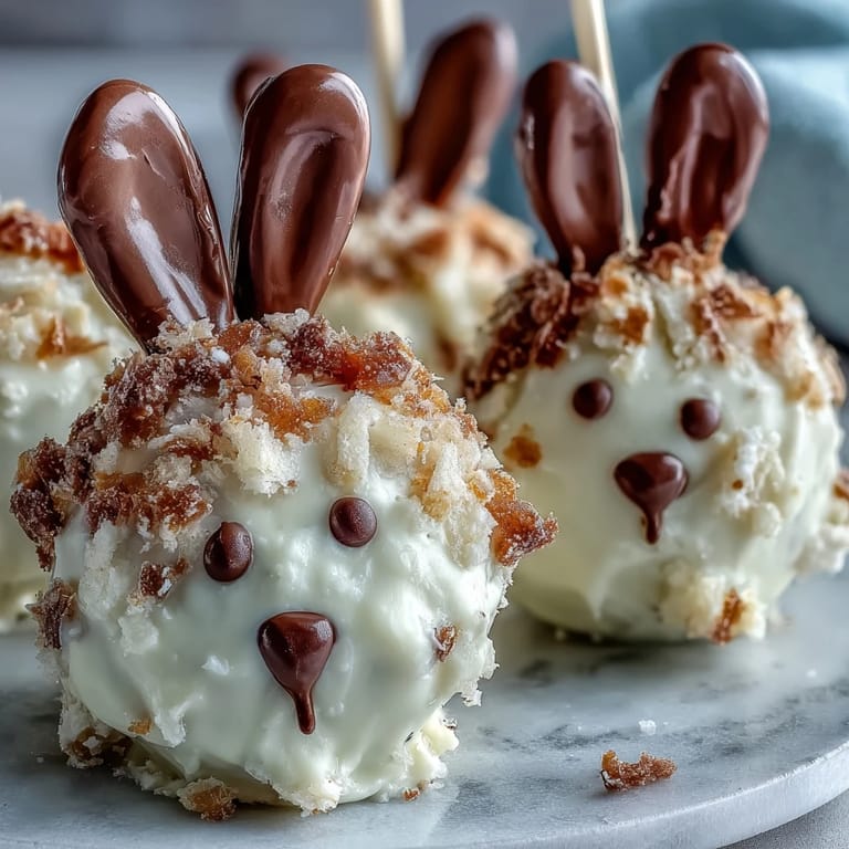 Festive cake pops shaped like Easter bunnies, dipped in creamy white chocolate with pastel candy details.  