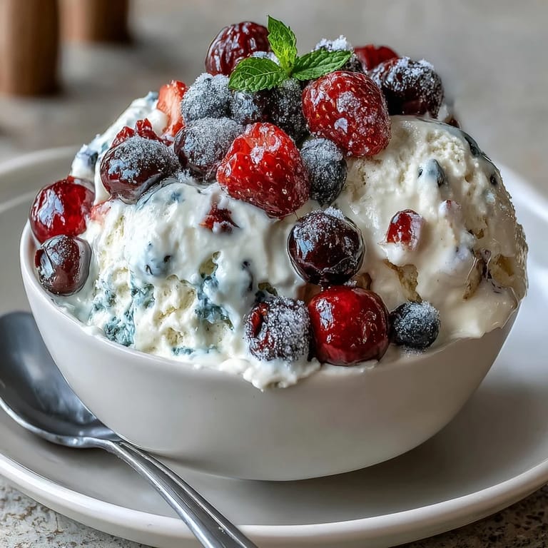 Creamy Greek yogurt bark topped with mixed berries and a honey drizzle, served on a rustic wooden board for a refreshing treat.