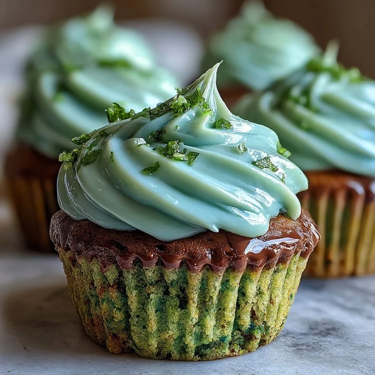 Delightful green velvet cupcakes topped with tangy cream cheese frosting, perfect for festive St. Patricks Day gatherings.