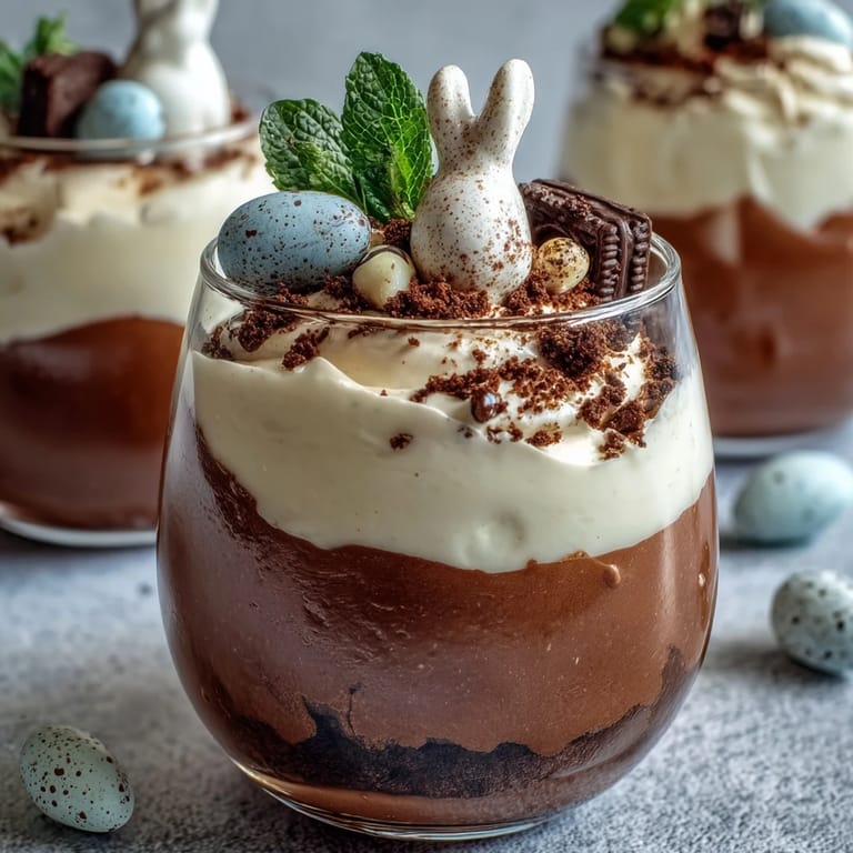 Layered Easter bunny dirt cups featuring chocolate pudding, Oreo crumbs, and pastel sprinkles for a festive spring dessert.