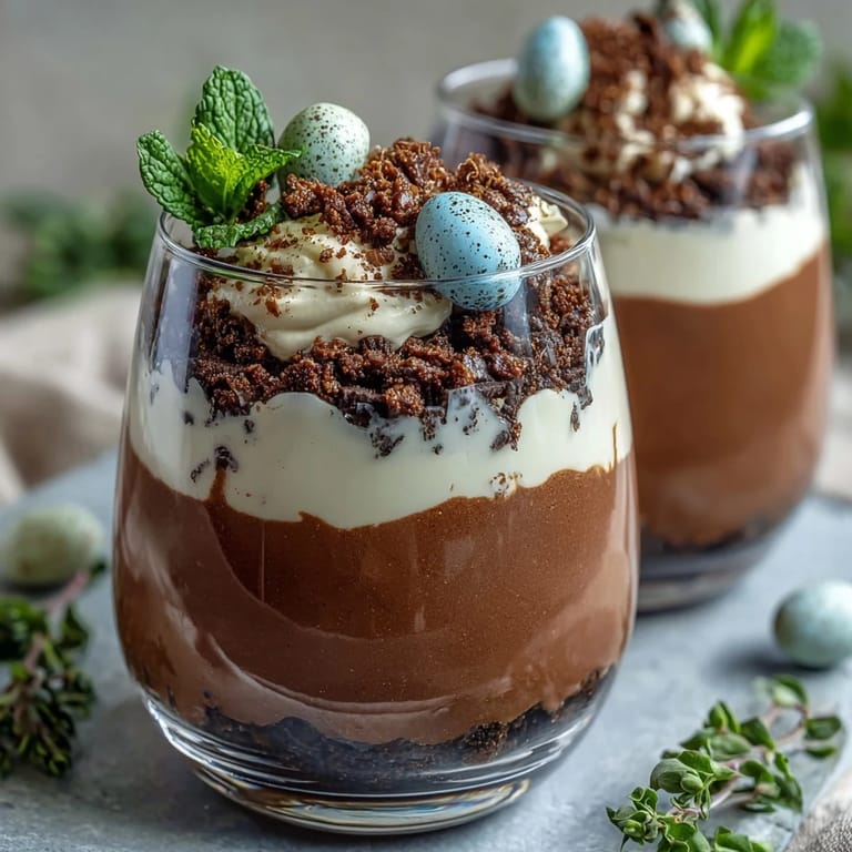 Adorable Easter bunny dirt cups with chocolate pudding, crushed Oreos, and candy eggs, perfect for kids' celebrations.